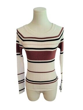 Express Cream Maroon Pink and Black Striped Ribbed Stretchy Sweater Size Small